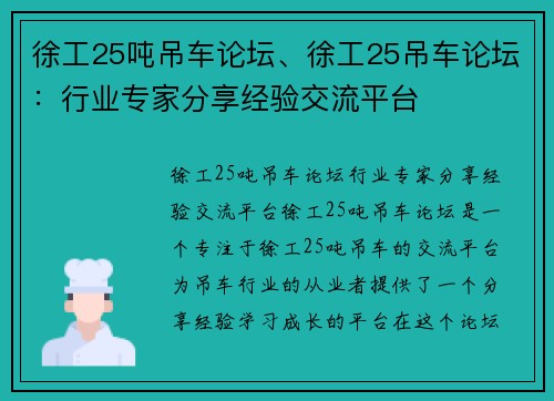 徐工25吨吊车论坛、徐工25吊车论坛：行业专家分享经验交流平台